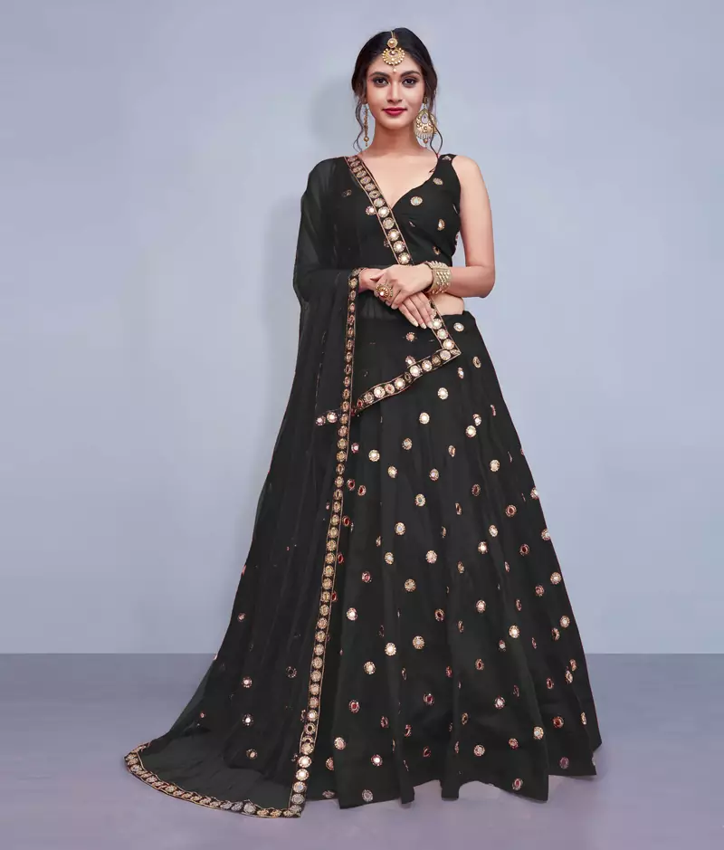 Marvellous Black Embroidered with mirror work Art Silk Lehenga choli for party