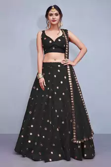 Marvellous Black Embroidered With Mirror Work Art Silk Lehenga Choli For Party