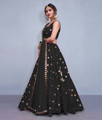 Marvellous Black Embroidered With Mirror Work Art Silk Lehenga Choli For Party 4