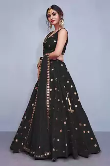 Marvellous Black Embroidered With Mirror Work Art Silk Lehenga Choli For Party
