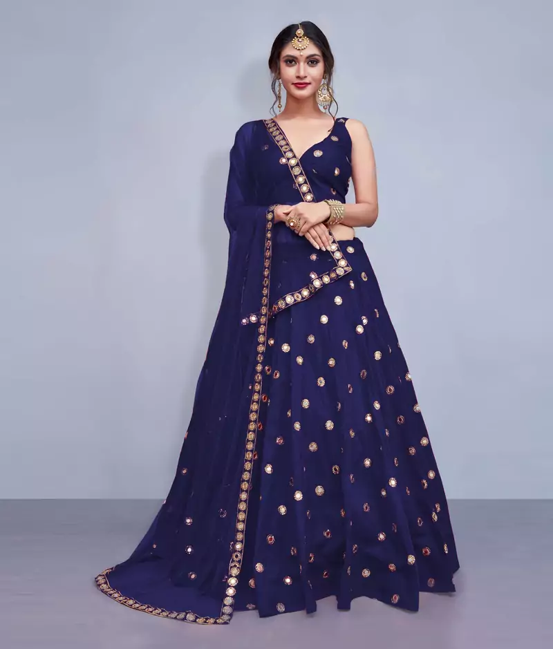Mesmerizing Navy Blue Embroidered with mirror work Art Silk Party wear Lehenga choli