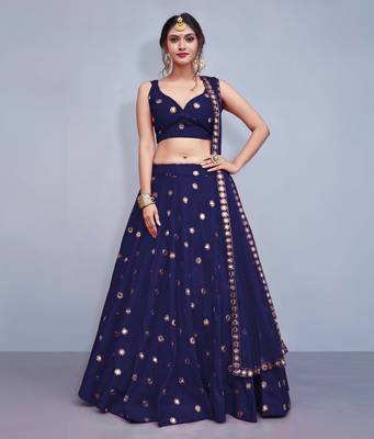 Navy Blue Embroidered With Mirror Work Art Silk Party Wear Lehenga Choli 3
