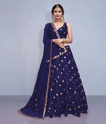 Navy Blue Embroidered With Mirror Work Art Silk Party Wear Lehenga Choli 1