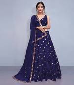Navy Blue Embroidered With Mirror Work Art Silk Party Wear Lehenga Choli