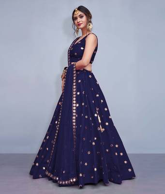 Navy Blue Embroidered With Mirror Work Art Silk Party Wear Lehenga Choli 4