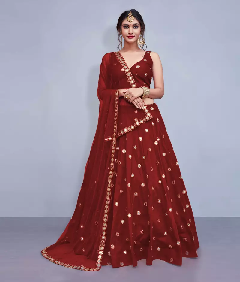 Bewitching Maroon Embroidered with mirror work Art Silk Lehenga choli for bridesmaid