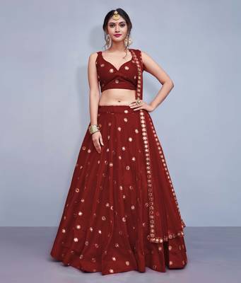 Maroon Embroidered With Mirror Work Art Silk Lehenga Choli For Bridesmaid 2