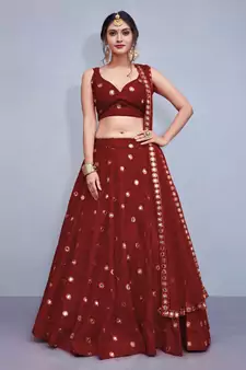 Maroon Embroidered With Mirror Work Art Silk Lehenga Choli For Bridesmaid