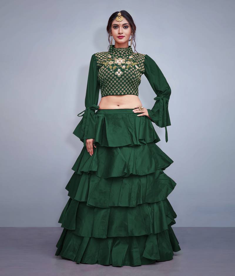 Stunning Scalloped Hem Green Top And Lehenga main image 0