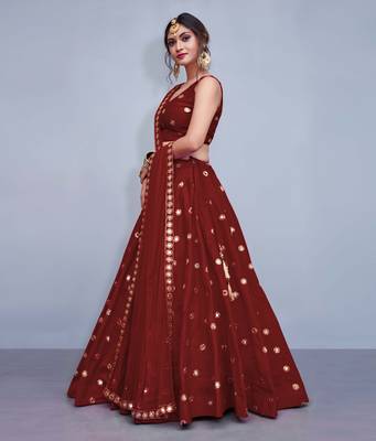 Maroon Embroidered With Mirror Work Art Silk Lehenga Choli For Bridesmaid 4