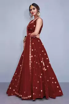 Maroon Embroidered With Mirror Work Art Silk Lehenga Choli For Bridesmaid