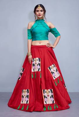 Red  Printed Art Silk Semi stitched Crop top Lehenga 1