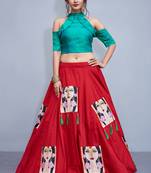 Red  Printed Art Silk Semi stitched Crop top Lehenga