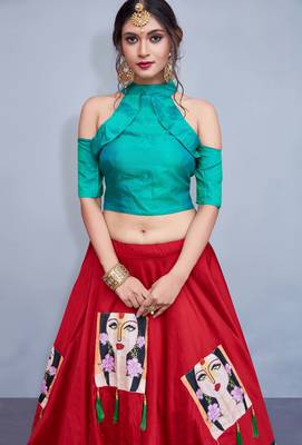 Red  Printed Art Silk Semi stitched Crop top Lehenga 2