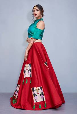 Red  Printed Art Silk Semi stitched Crop top Lehenga 3