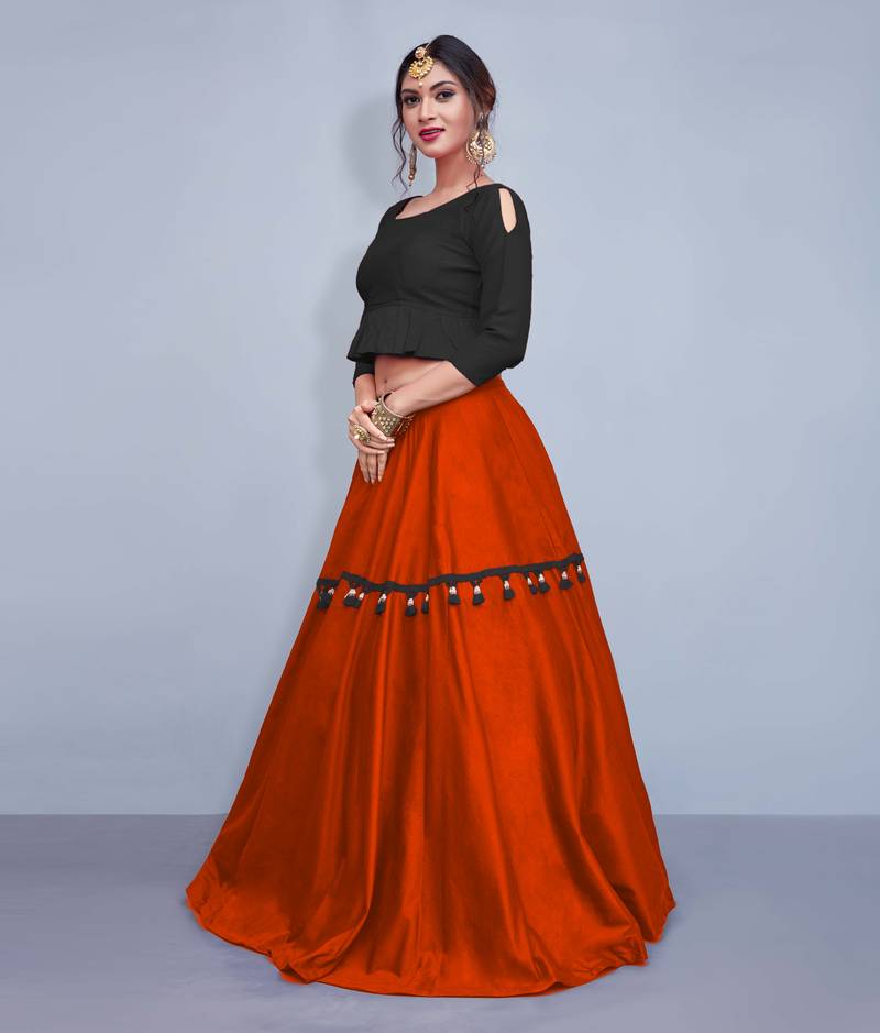 Orange Plain Cotton Semi stitched Crop top Lehenga - MEGHALYA - 2897544