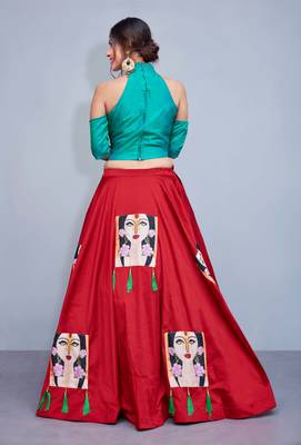 Red  Printed Art Silk Semi stitched Crop top Lehenga 4