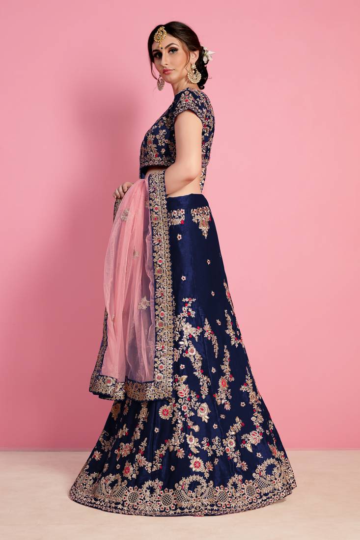 BLUE SEQUINS WITH THREAD AND ZARI EMBROIDERED CHINON SEMI STITCHED LEHENGA