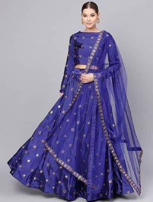 Royal blue Mirror Work Art Silk Semi Stitched Indian Designer Lehenga Dress 1