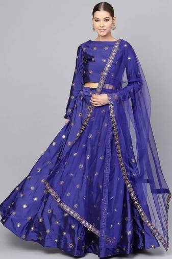 Royal blue Mirror Work Art Silk Semi Stitched Indian Designer Lehenga Dress
