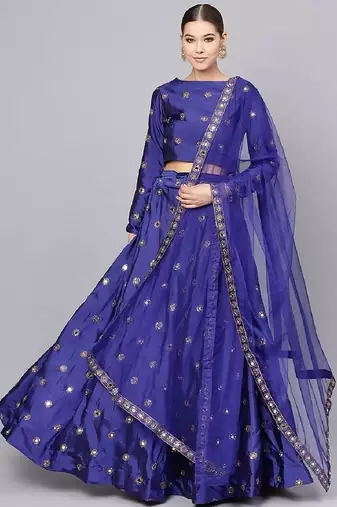 Royal blue Mirror Work Art Silk Semi Stitched Indian Designer Lehenga Dress