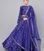 Royal blue Mirror Work Art Silk Semi Stitched Indian Designer Lehenga Dress