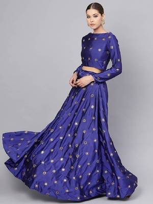 Royal blue Mirror Work Art Silk Semi Stitched Indian Designer Lehenga Dress 2
