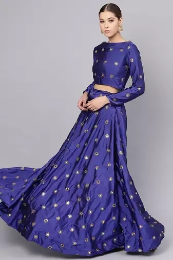 Royal blue Mirror Work Art Silk Semi Stitched Indian Designer Lehenga Dress