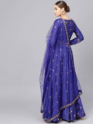 Royal blue Mirror Work Art Silk Semi Stitched Indian Designer Lehenga Dress 4
