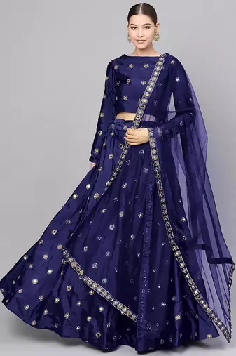 Navy Blue Mirror Work Art Silk Semi Stitched Indian Party Lehenga Dress