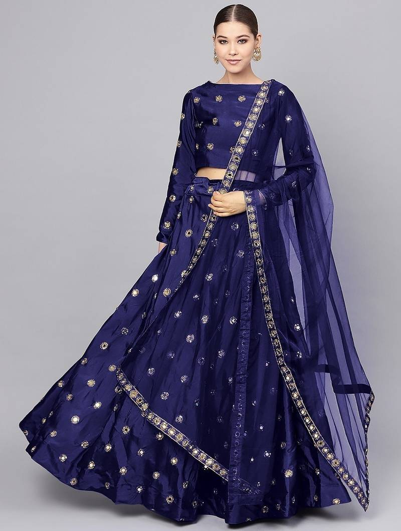 Navy Blue Mirror Work Art Silk Semi Stitched Indian Party Lehenga Dress