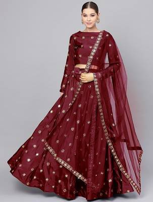 Maroon Mirror Work Art Silk Semi Stitched Indian Festive Lehenga Dress 1