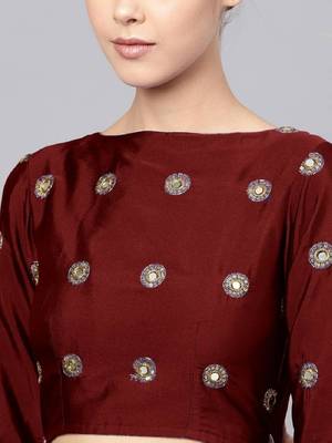 Maroon Mirror Work Art Silk Semi Stitched Indian Festive Lehenga Dress 2