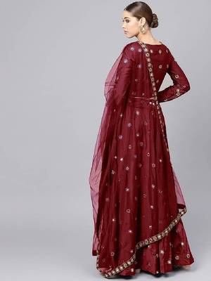 Maroon Mirror Work Art Silk Semi Stitched Indian Festive Lehenga Dress 3