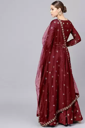 Maroon Mirror Work Art Silk Semi Stitched Indian Festive Lehenga Dress