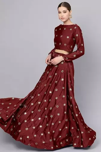 Maroon Mirror Work Art Silk Semi Stitched Indian Festive Lehenga Dress