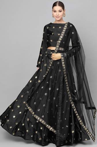 Black Mirror Work Art Silk Semi Stitched Indian Ceremonial Lehenga Dress