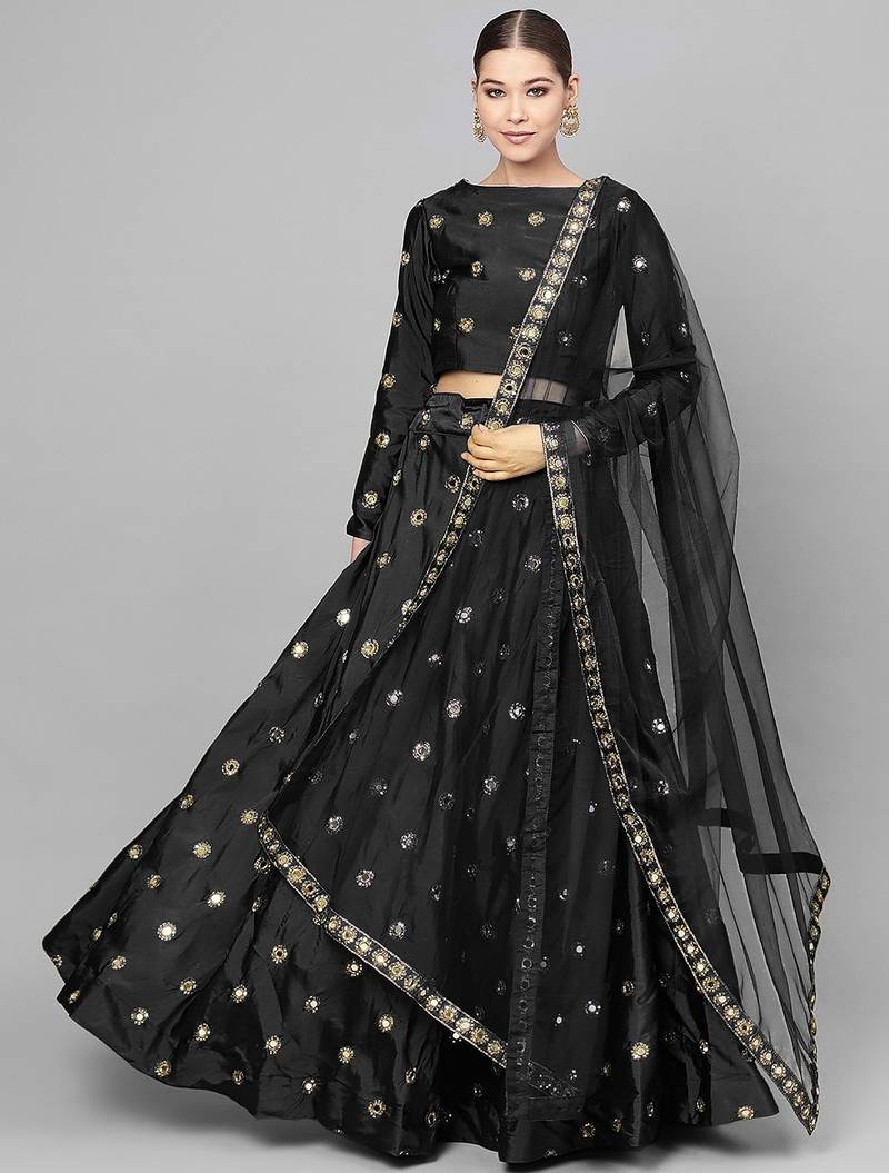 Black Mirror Work Art Silk Semi Stitched Indian Ceremonial Lehenga Dress