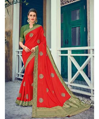red embroidered silk blend saree with blouse 1