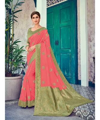 peach embroidered silk blend saree with blouse 1