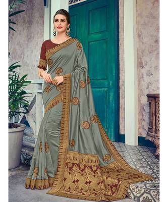 grey embroidered silk blend saree with blouse 1