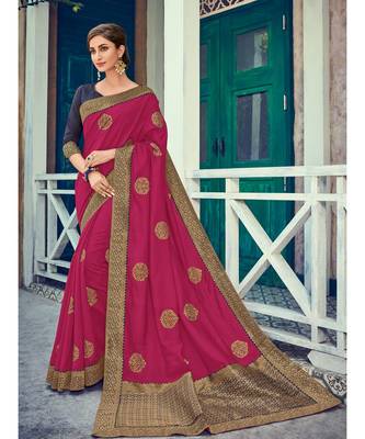 magenta embroidered silk blend saree with blouse 1
