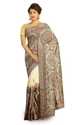 White Embroidered Raw Silk Saree With Blouse 1