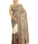 White Embroidered Raw Silk Saree With Blouse