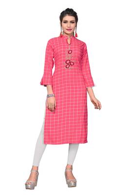 Pink Printed / Embroidererd  Rayon Straight Kurti 1