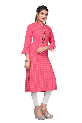 Pink Printed / Embroidererd  Rayon Straight Kurti 3