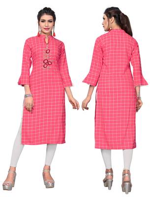 Pink Printed / Embroidererd  Rayon Straight Kurti 5