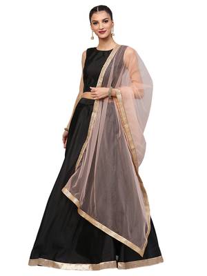 Black Tafeta Silk Embroidered Semi Stitched Lehenga With Unstitched Blouse & Dupatta 1