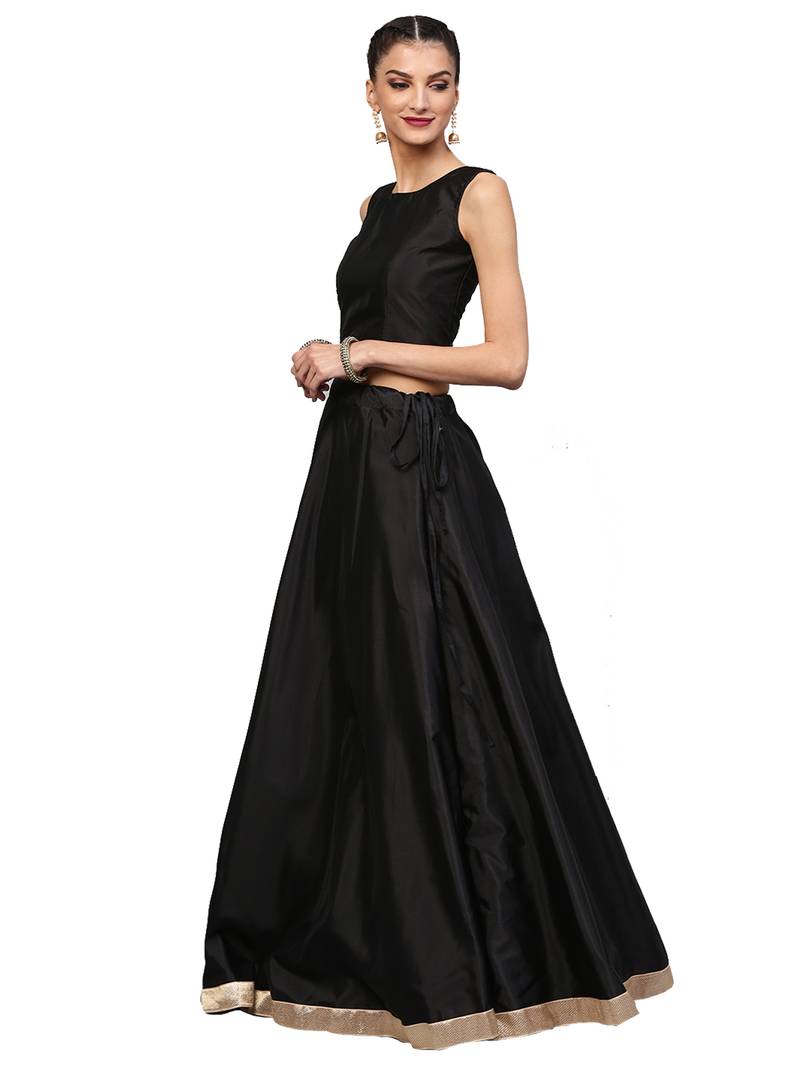 Black Tafeta Silk Embroidered Semi Stitched Lehenga With Unstitched Blouse & Dupatta
