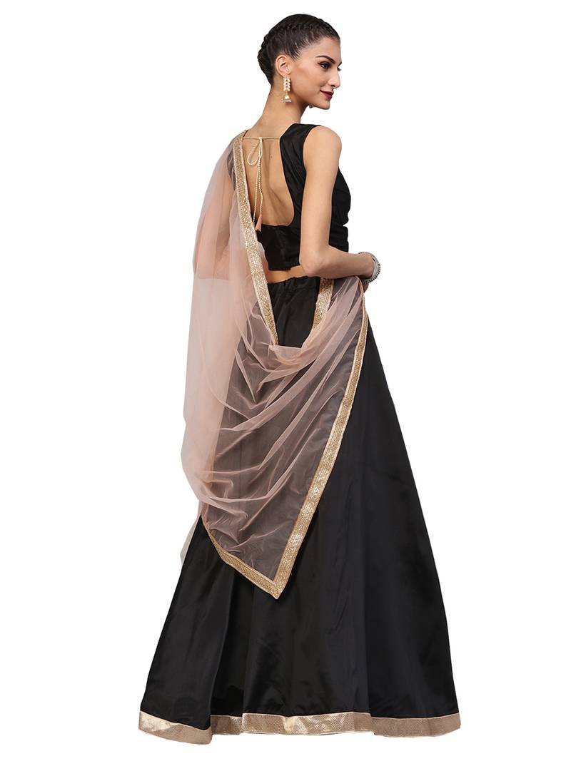 Black Tafeta Silk Embroidered Semi Stitched Lehenga With Unstitched Blouse & Dupatta